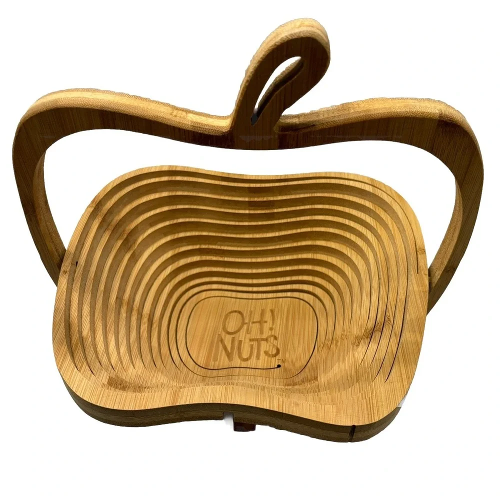 OH! NUTS Apple Shape CollapsibleWooden Basket Fruit Nut Bowl Trivet Centerpiece